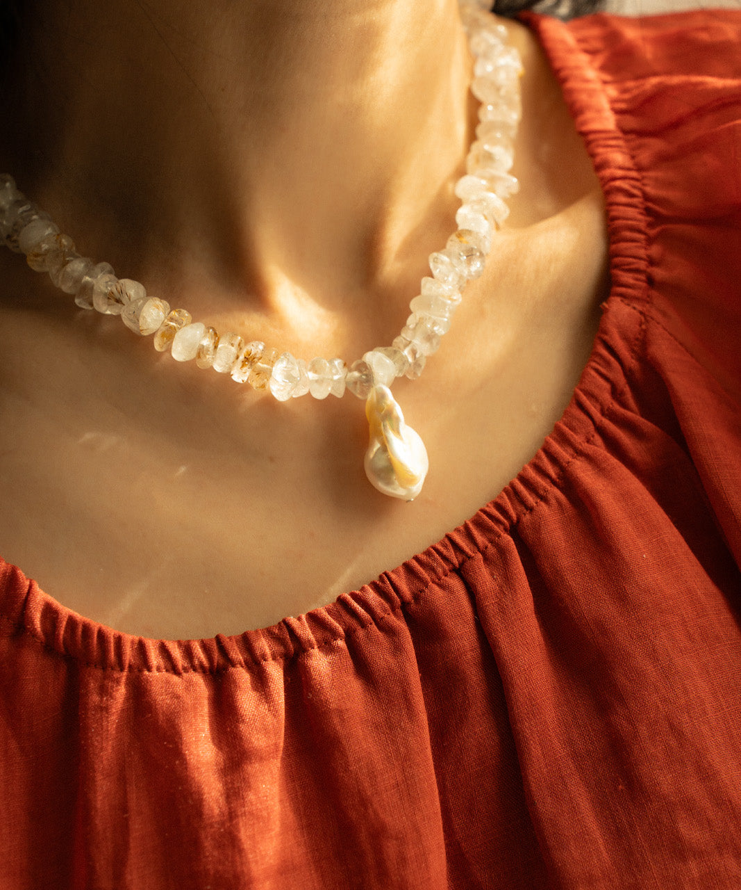 Rutilated Quartz & Baroque Pearl Necklace