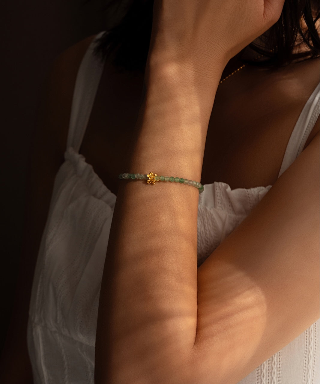 Serene Heart – Green Strawberry Quartz & Lotus Bracelet